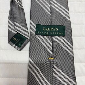 Lauren Ralph Lauren Mens Grey White Striped Silk Necktie Made in Italy‎
